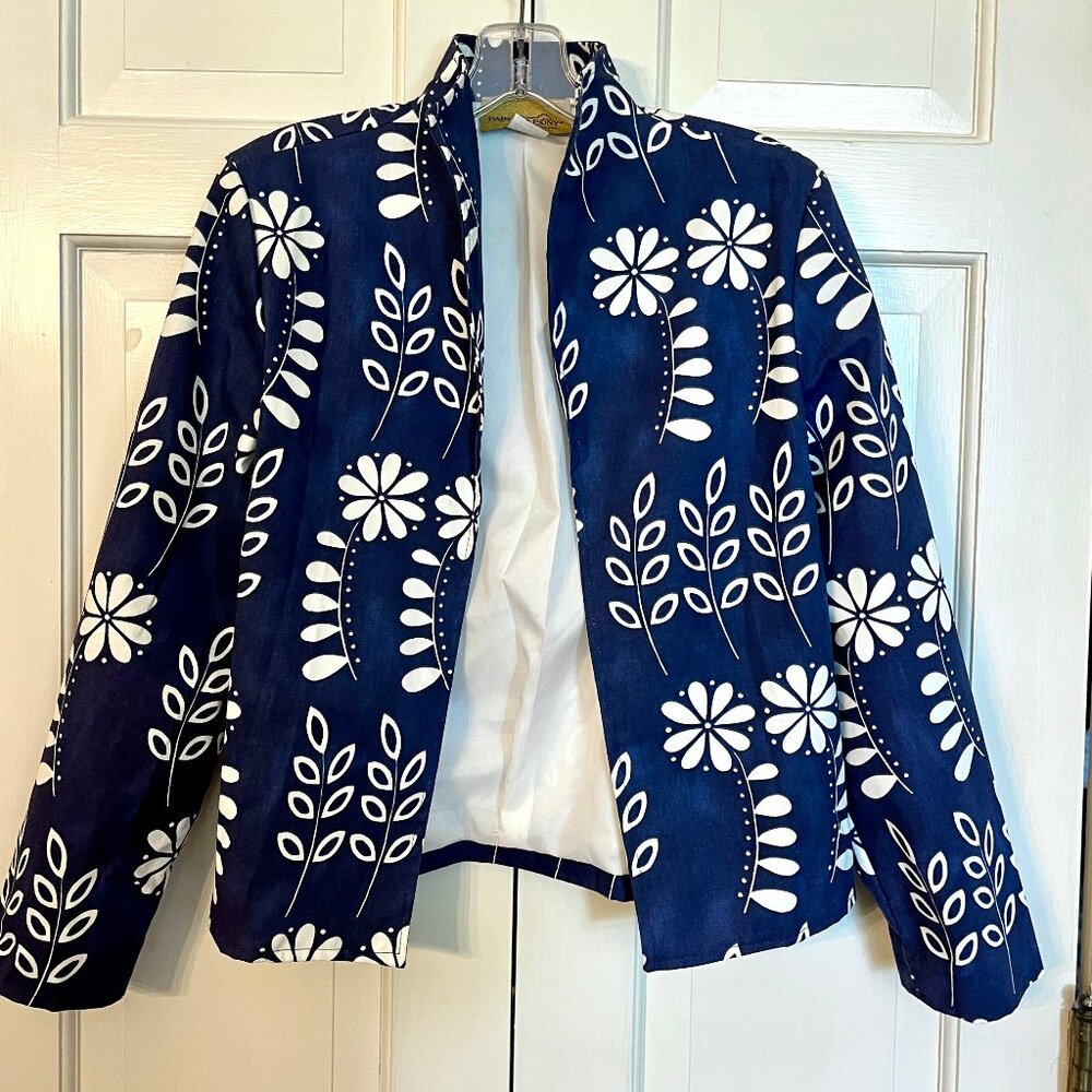 Painted Pony 3/4 Sleeve Open Front Jacket XS Flower Child Blue White Floral NWT
